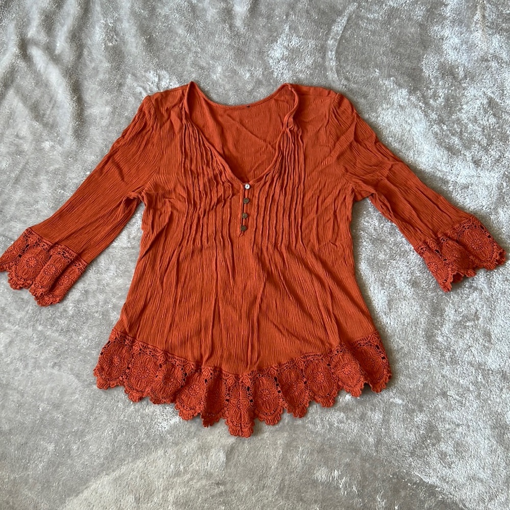 thrifted brunt orange blouse, a little wrinkly but a beautiful lacy shirt